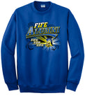 Fife Alumni - gold block lettering with a Fife For Life banner and Trojan emblem - royal hoodie