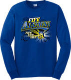 Fife Alumni - gold block lettering with a Fife For Life banner and Trojan emblem - royal t-shirt