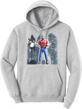 The fibreglass Paul Bunyan statue standing among evergreens, Puyallup - athletic heather hoodie