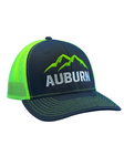  A navy blue and neon green trucker-style cap with the word "AUBURN" embroidered in bold letters on the front. Above the text, there's an embroidered design of mountain peaks in neon green. The back half of the cap features a neon green mesh, and the brim has neon green stitch detailing