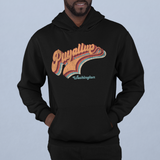 Seventies-style Puyallup, Washington lettering, worn on a hoodie
