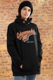 Seventies-style Edgewood, Washington lettering, worn on a hoodie