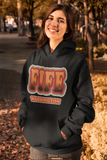 Seventies-style Fife, Washington lettering, worn on a hoodie