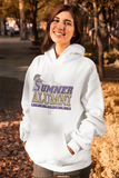 Sumner Alumni - Spartan helmet in purple and gold, worn on a hoodie