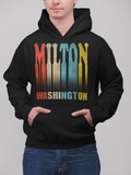 Seventies-style Milton, Washington lettering, worn on a hoodie