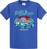 Clyde's Water Slide Puyallup - script logo over a slide tower and blue waves at sunset - t-shirt
