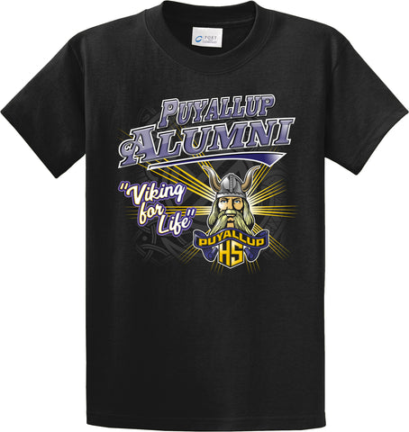 A black short-sleeved t-shirt featuring a prominent graphic design on the front. The design showcases the words "Puyallup Alumni" in bold purple and white lettering at the top. Below that is an illustration of a stern-looking Viking character with a helmet, surrounded by the phrase "Viking for Life" in yellow quotation marks. Beneath the Viking image, there's a badge-like emblem reading "Puyallup HS" in gold and purple. The t-shirt's brand is indicated by a label reading "PORT & COMPANY" near the collar.